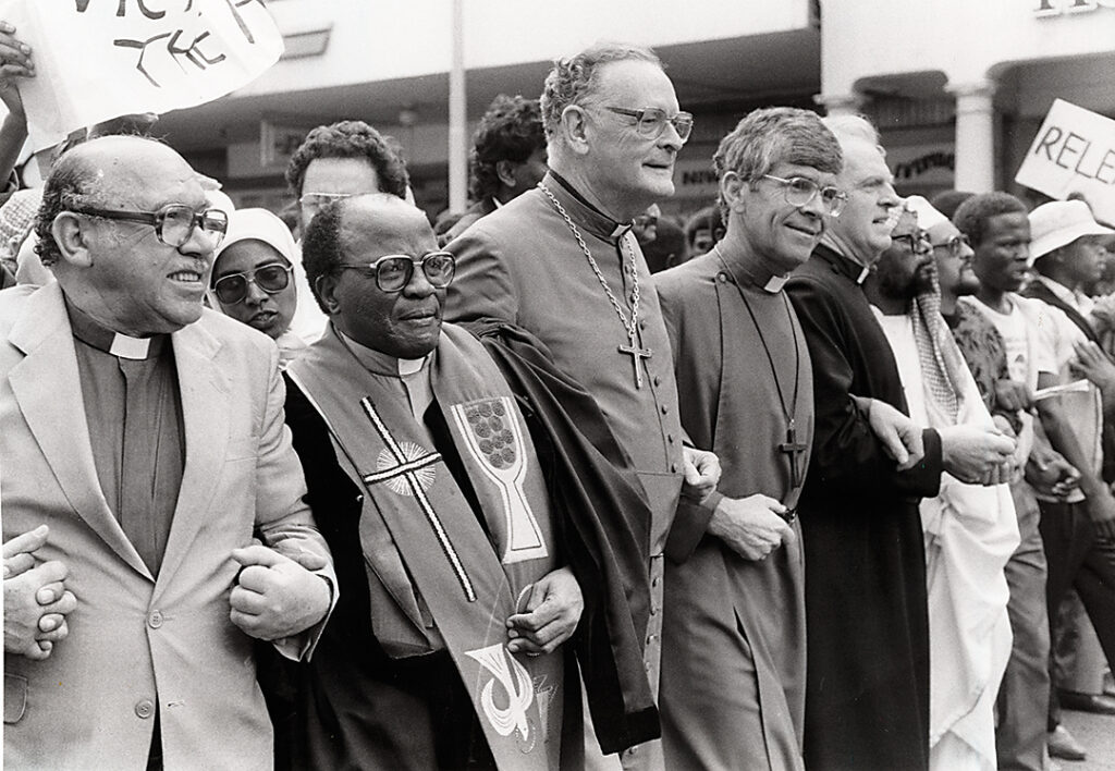 Archbishop Emeritus Denis Hurley, centre, at the Freedom March in September 1989 with other religious leaders on former Queen Street, Durban, now renamed Denis Hurley Street.