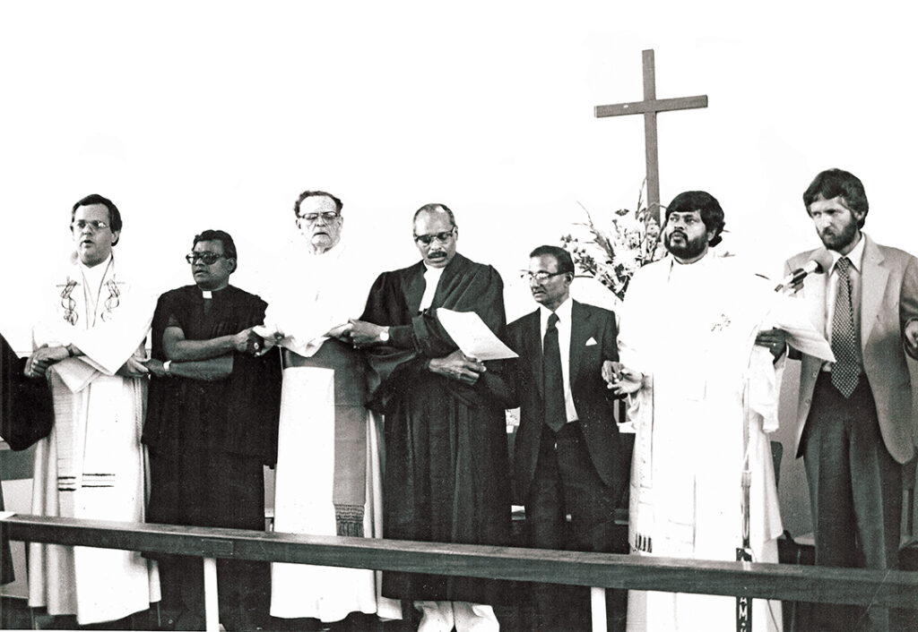 Archbishop Denis Hurley (3rd from left) with Paddy Kearney (far right) at a meeting of Provincial Religious Leaders at the Diakonia centre in Durban.